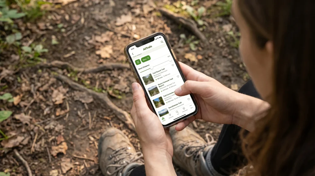 Woman using AllTrails app on phone to find beginner hiking trails with filters set