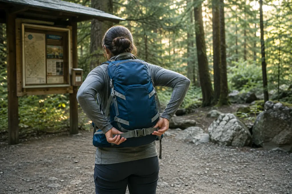 Hiker adjusting daypack hip belt at trailhead in morning light