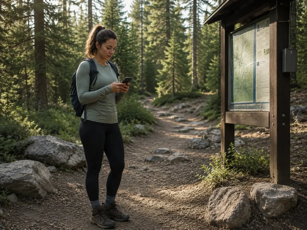 Woman checking AllTrails on her phone at a trailhead to choose her first hiking trail