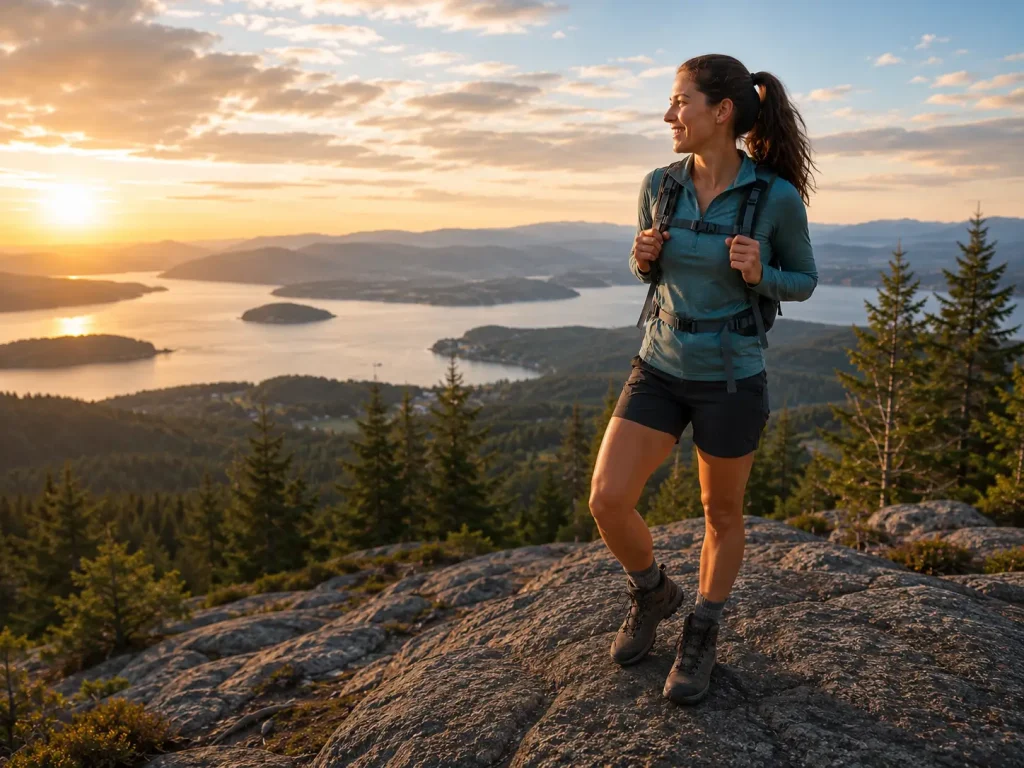 Beginner woman hiker at a beautiful viewpoint after successfully completing her first well-chosen trail