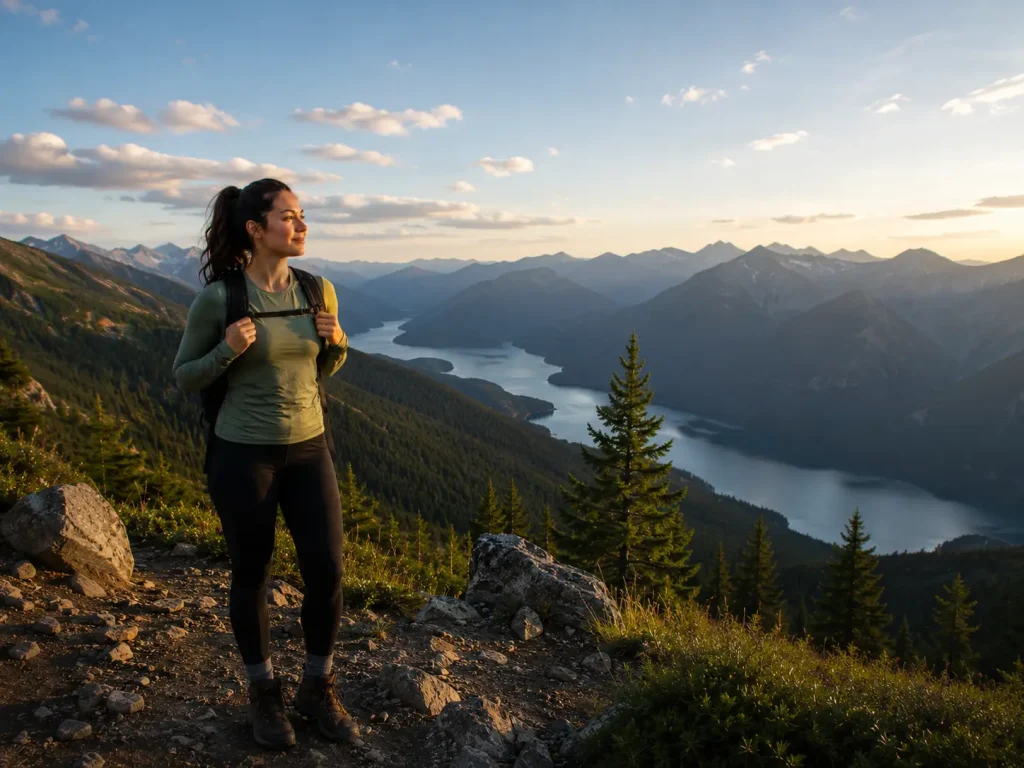 Beginner woman hiker at a mountain viewpoint after completing her first successful hike