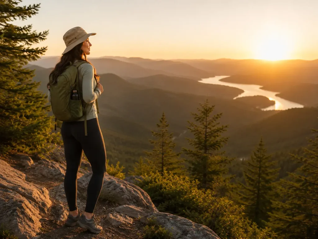 Woman with complete beginner hiking kit at mountain viewpoint