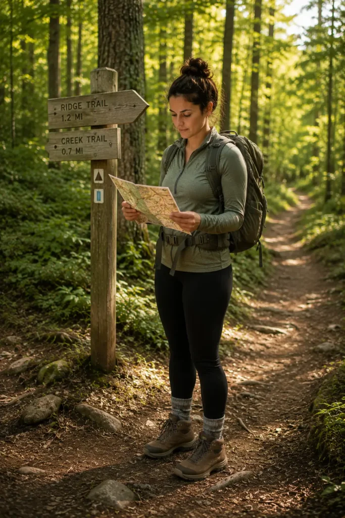How to Read a Trail Map and Use a Compass: A Beginner Woman's Guide to Never Getting Lost Woman calmly checking her trail map at a junction, composed and focused
