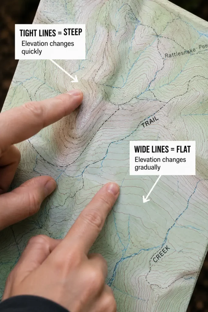 How to Read a Trail Map and Use a Compass: A Beginner Woman's Guide to Never Getting Lost Close-up of contour lines on a topographic trail map