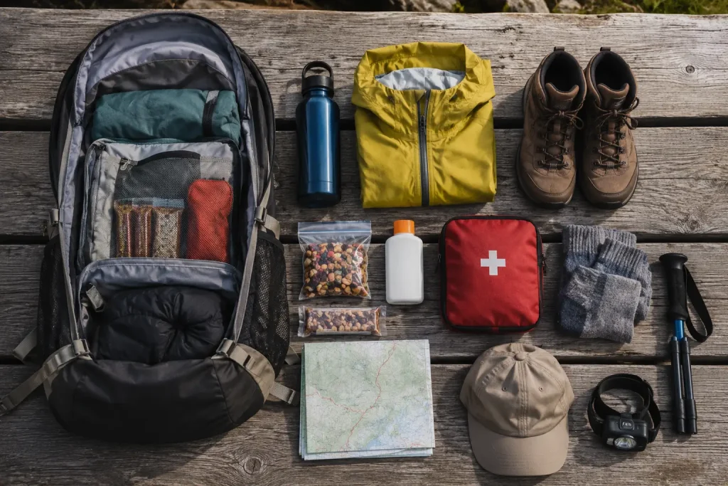 Organized daypack contents laid out on wooden bench