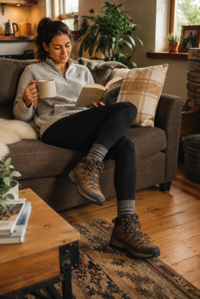 Woman wearing hiking boots around the house as part of the break-in process