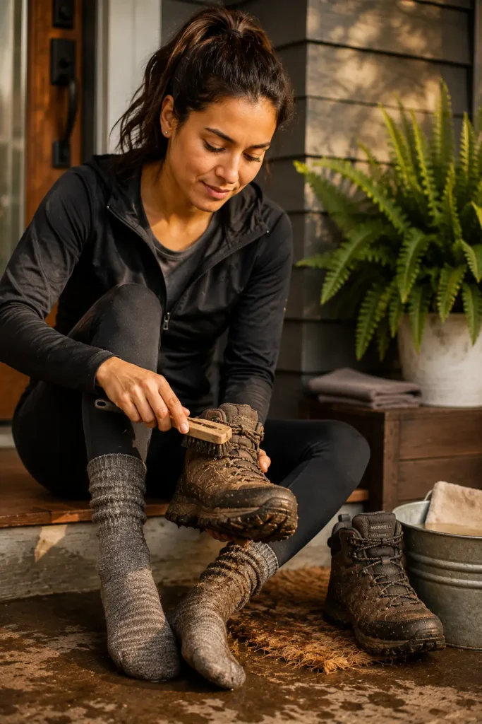 Woman cleaning mud off hiking boots with a brush after a trail hike