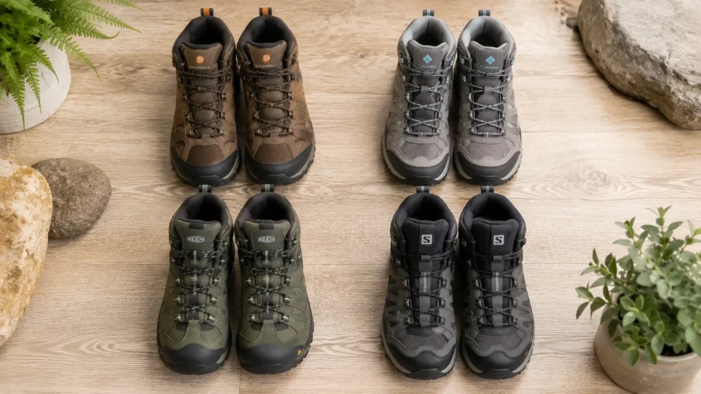 Four pairs of women's hiking boots for beginners arranged on a wooden surface