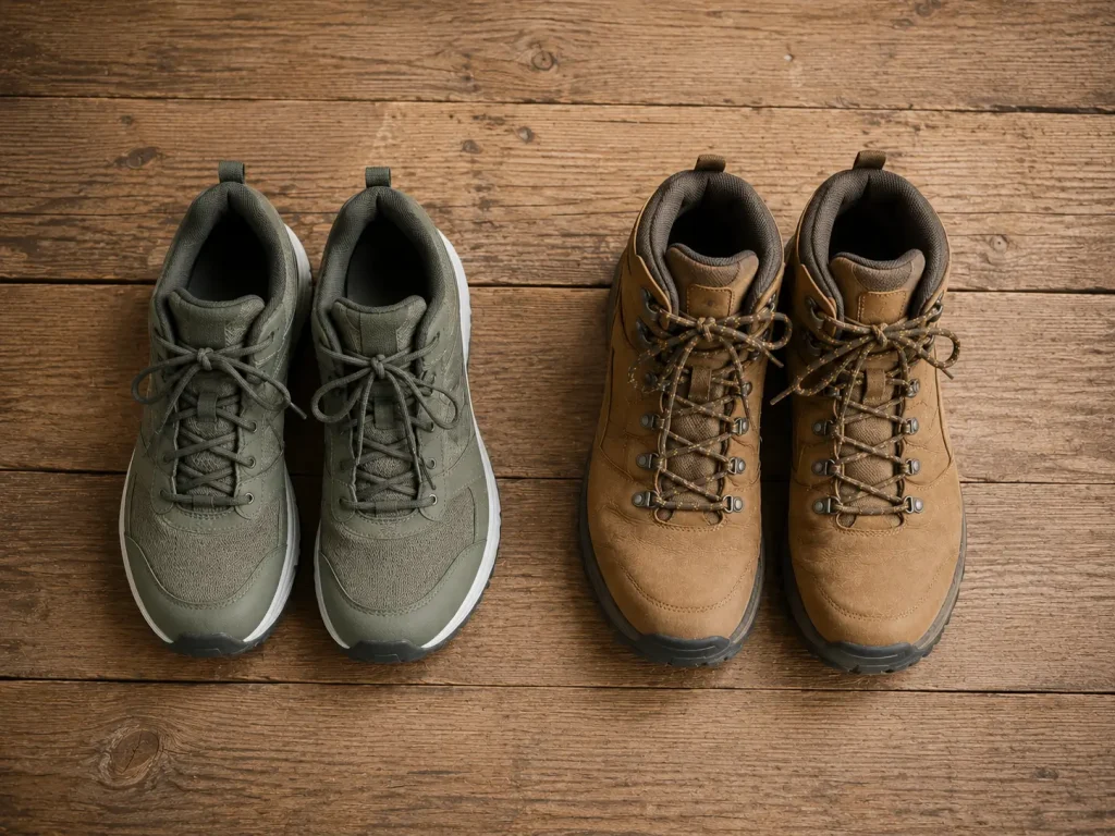 Flat lay showing trail runners and hiking boots side by side for comparison