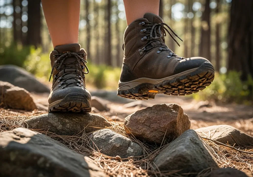 Women's hiking boots mid-step on a rocky mountain trail