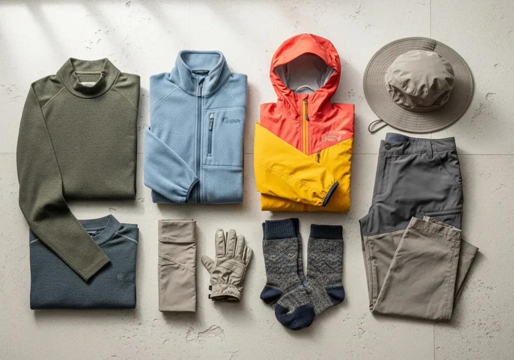 Complete women's hiking outfit flat lay including base layer, mid layer, waterproof jacket and hiking trousers