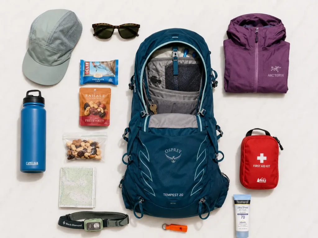 Flat lay of hiking daypack contents including water bottle, snacks, rain jacket, first aid kit and map