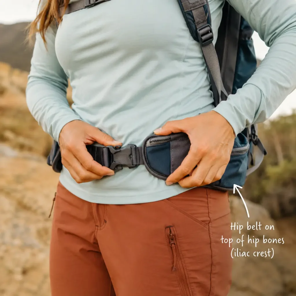 Close-up of a woman correctly fitting the hip belt of a hiking daypack on her hip bones