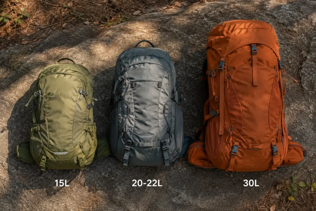 Three hiking daypacks of different sizes (15L, 20L, 30L) arranged side by side on a trail
