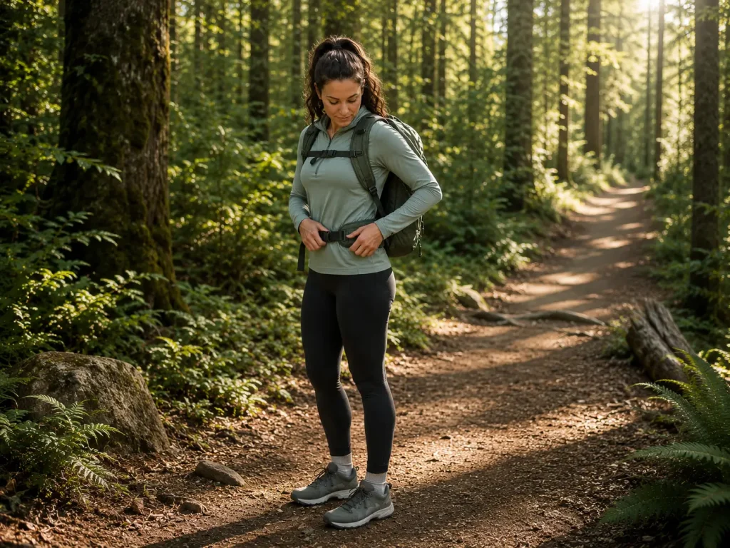 Woman fitting a hiking daypack with hip belt on a forest trail