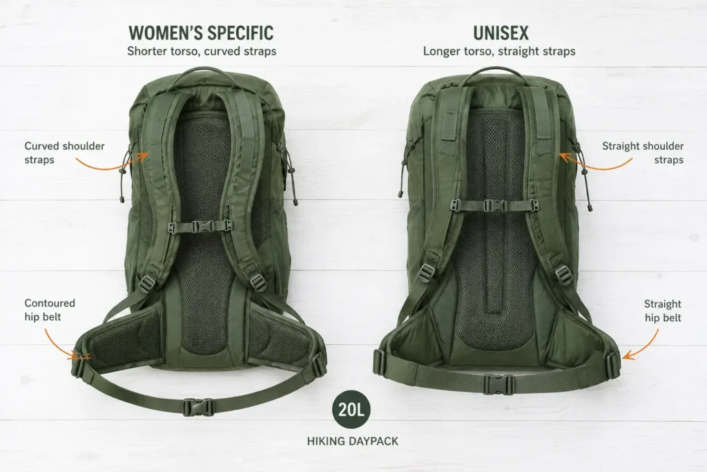 Side-by-side comparison of women's and unisex hiking daypacks showing different shoulder strap curves