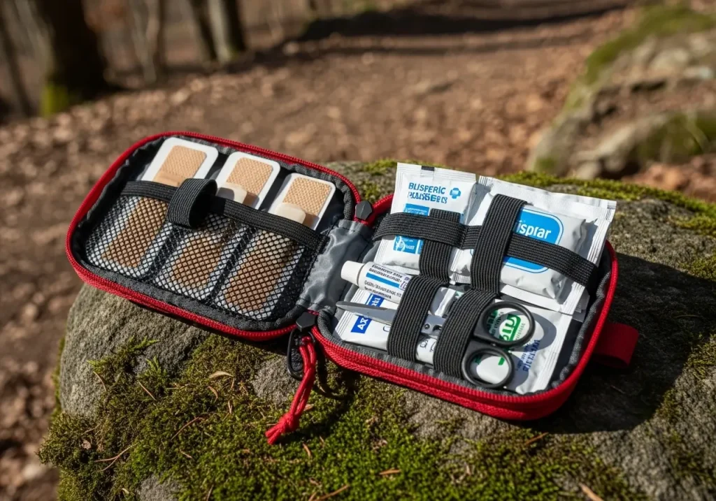 Open hiking first aid kit with supplies on rocky trail