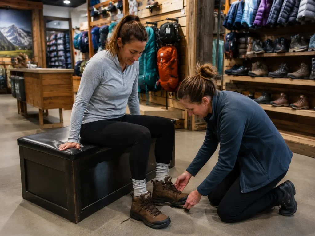 Woman trying on hiking boots in outdoor shop checking the fit carefully