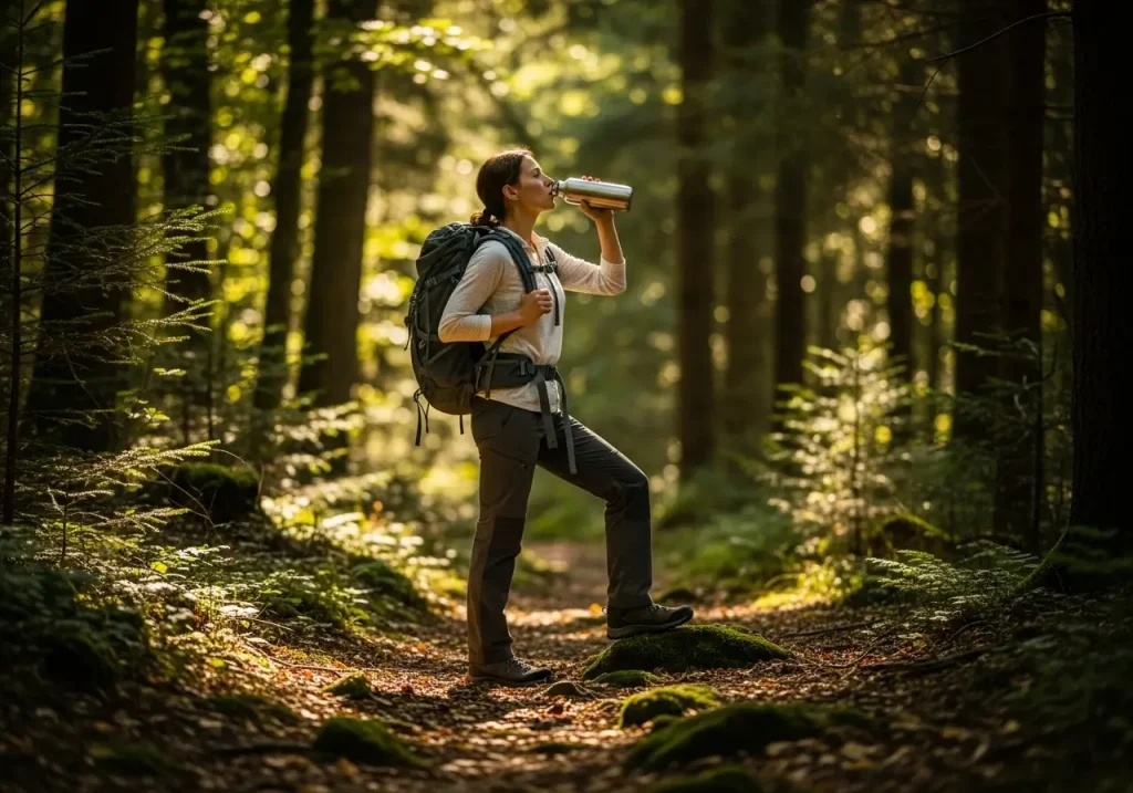 Woman drinking from a water bottle on a hiking trail surrounded by forest