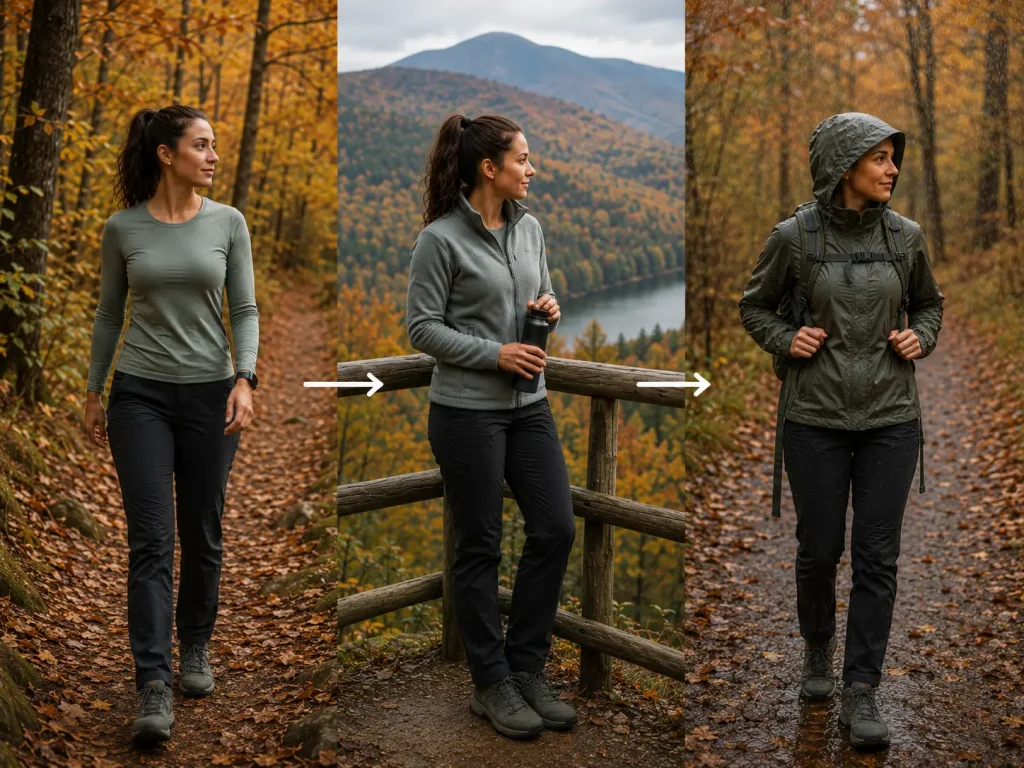 Woman in three stages of hiking layers on a forest trail