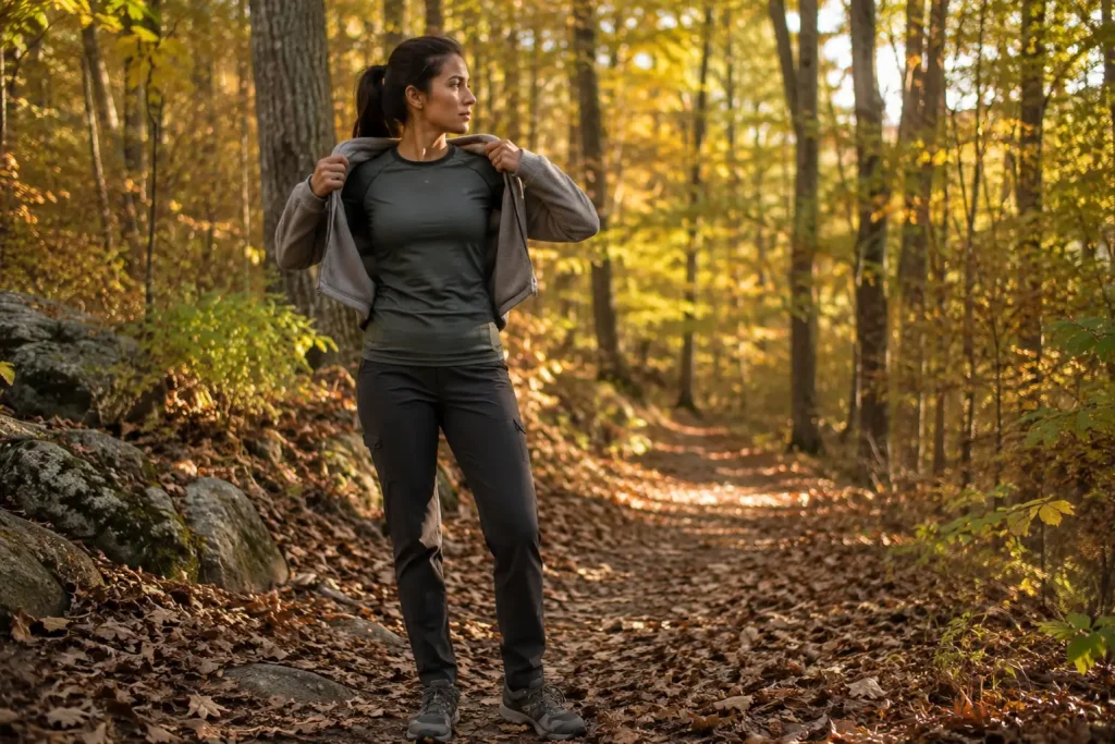 Woman hiker adding fleece mid layer on trail