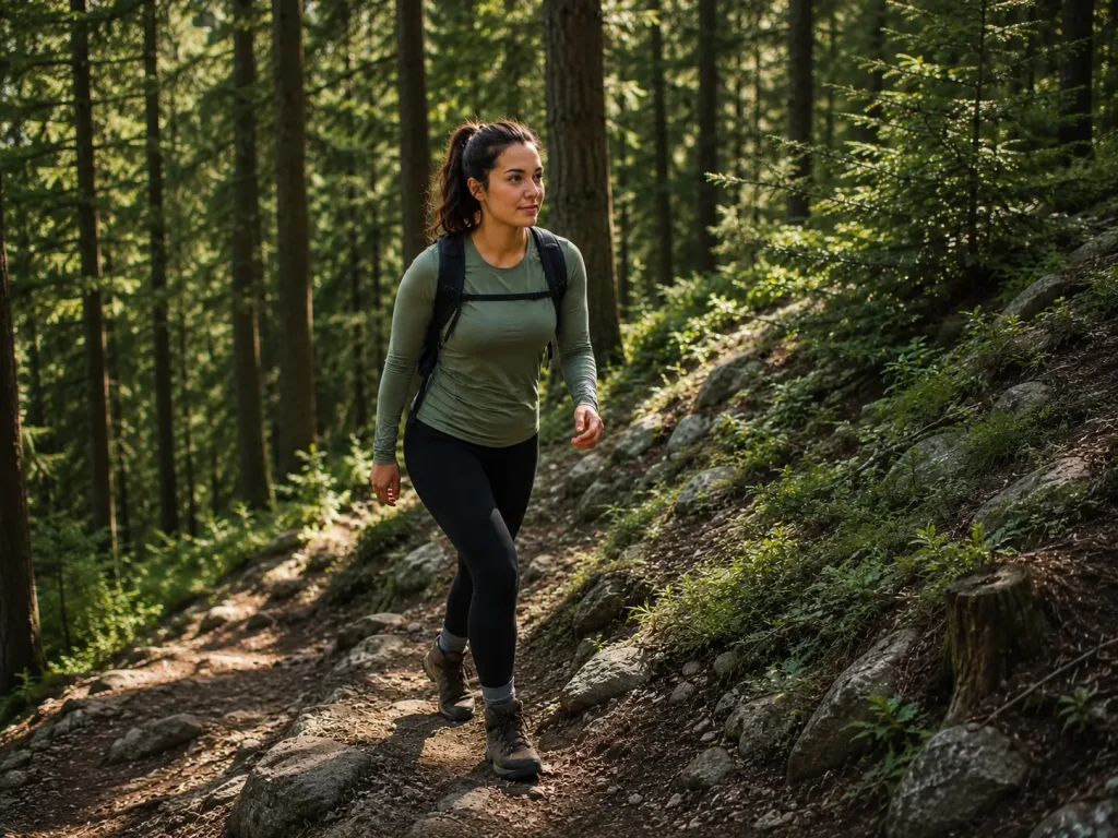 Woman hiking uphill at a steady controlled pace on a forest trail