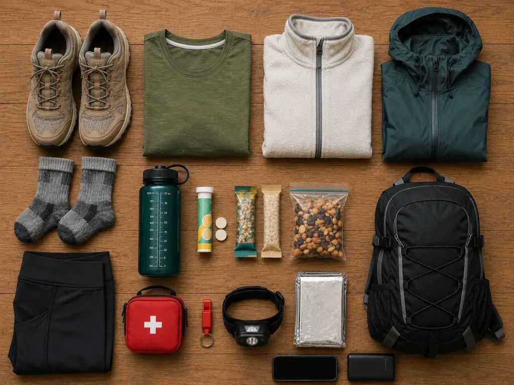 Complete women's day hiking kit laid out in an organized flat lay