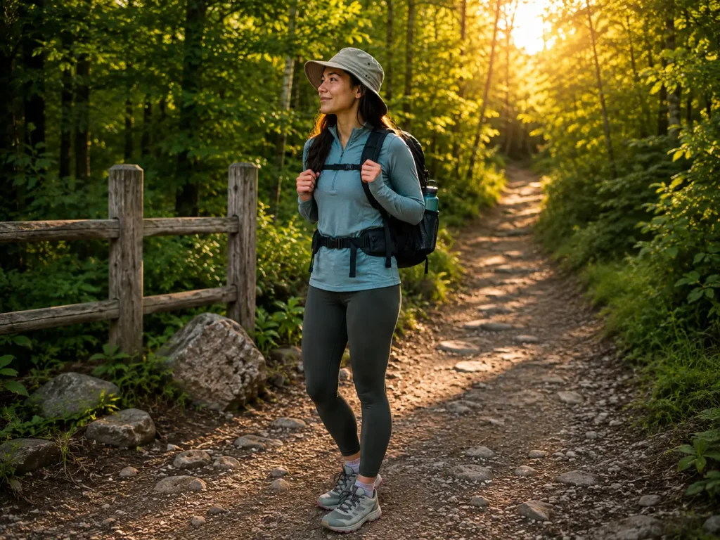 Woman fully packed and ready at a forest trailhead with complete hiking kit