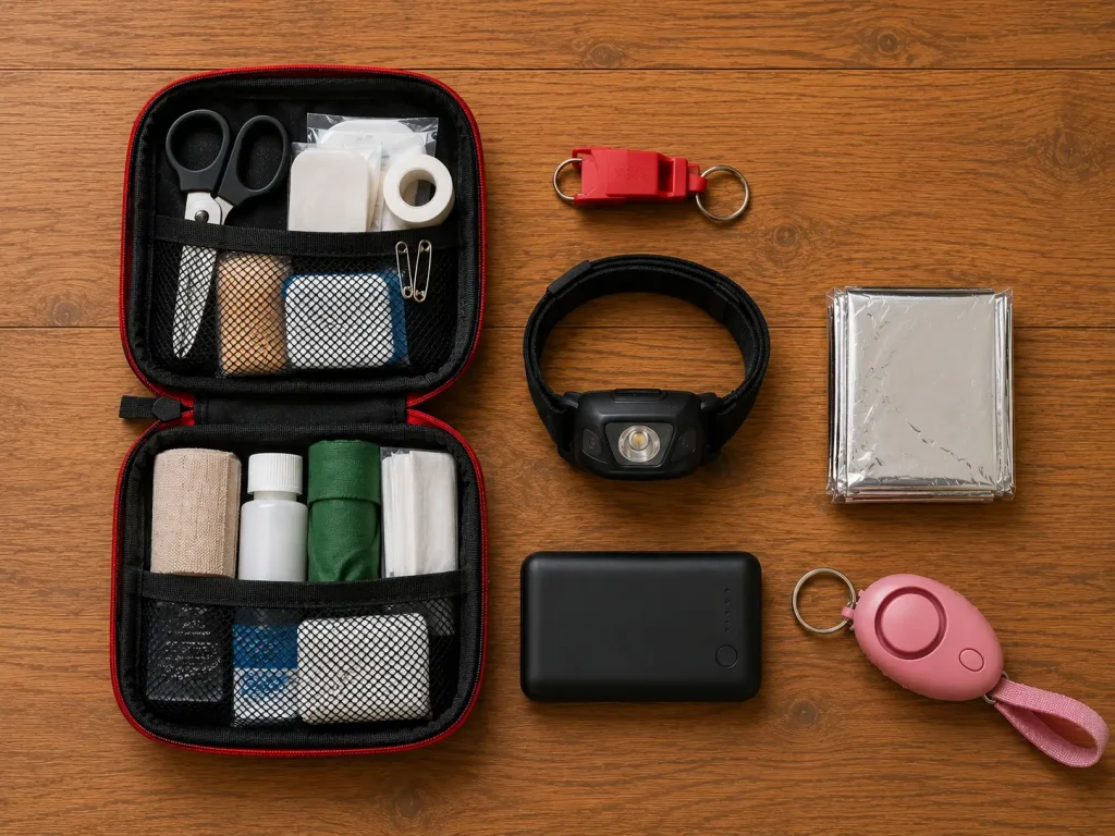 Women's hiking safety gear flat lay with first aid kit, whistle, headlamp and emergency blanket