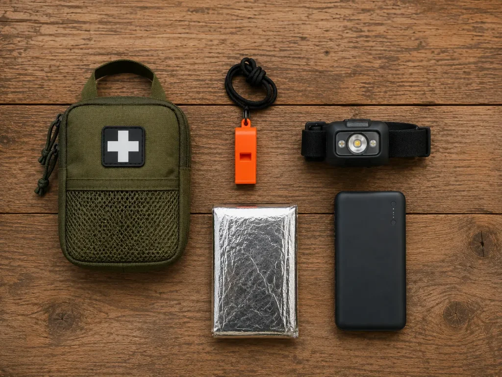 Beginner hiking safety kit flat lay with first aid kit, whistle, headlamp and foil blanket