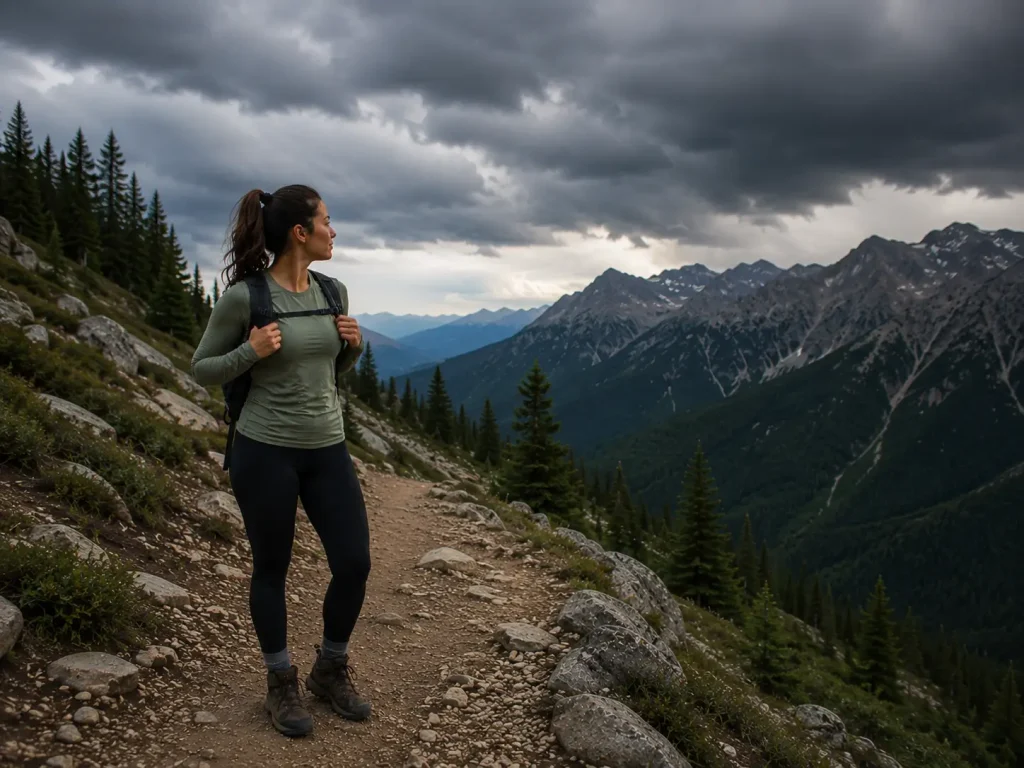 Woman on mountain trail making a confident decision to turn around as weather changes