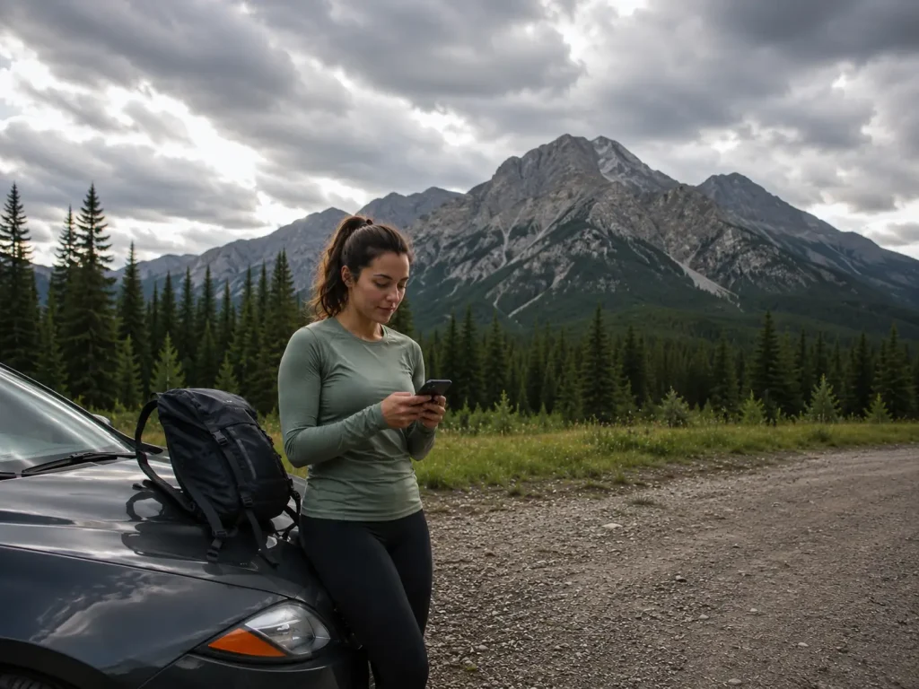 Woman checking weather forecast on phone before a hike with dark clouds visible in background