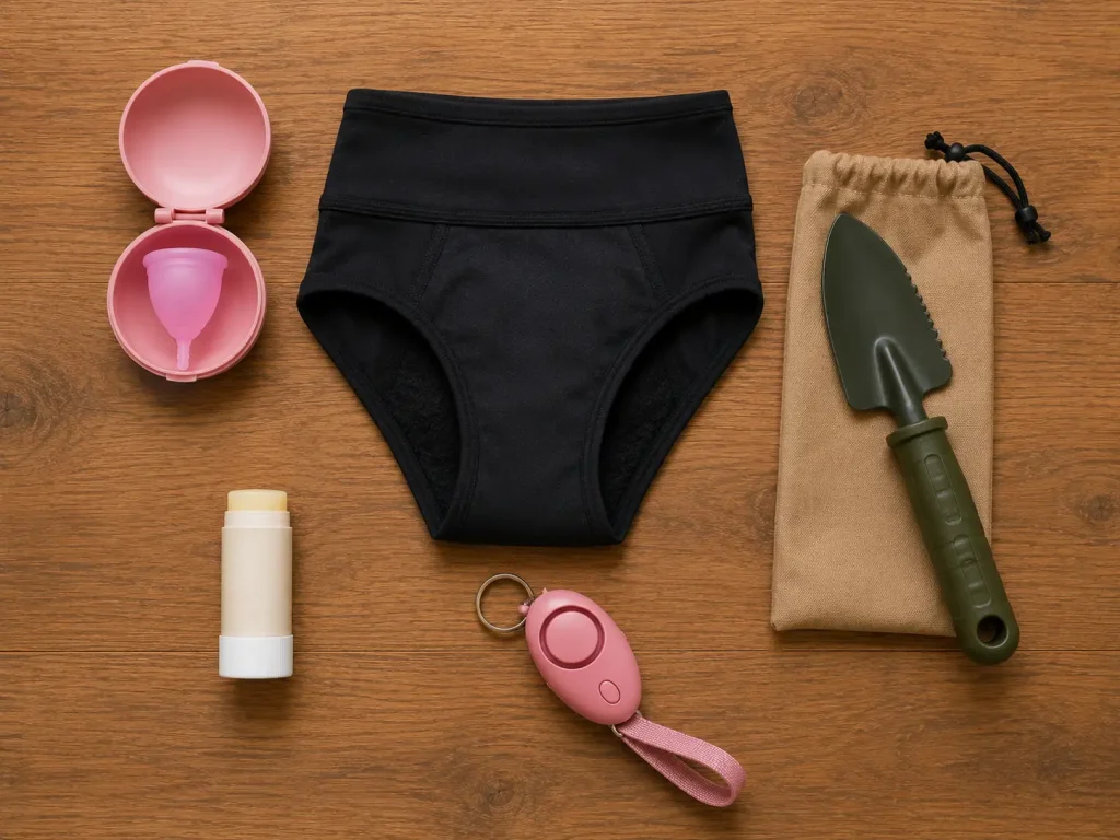 Women-specific hiking items including period supplies and anti-chafe balm laid out on wood surface
