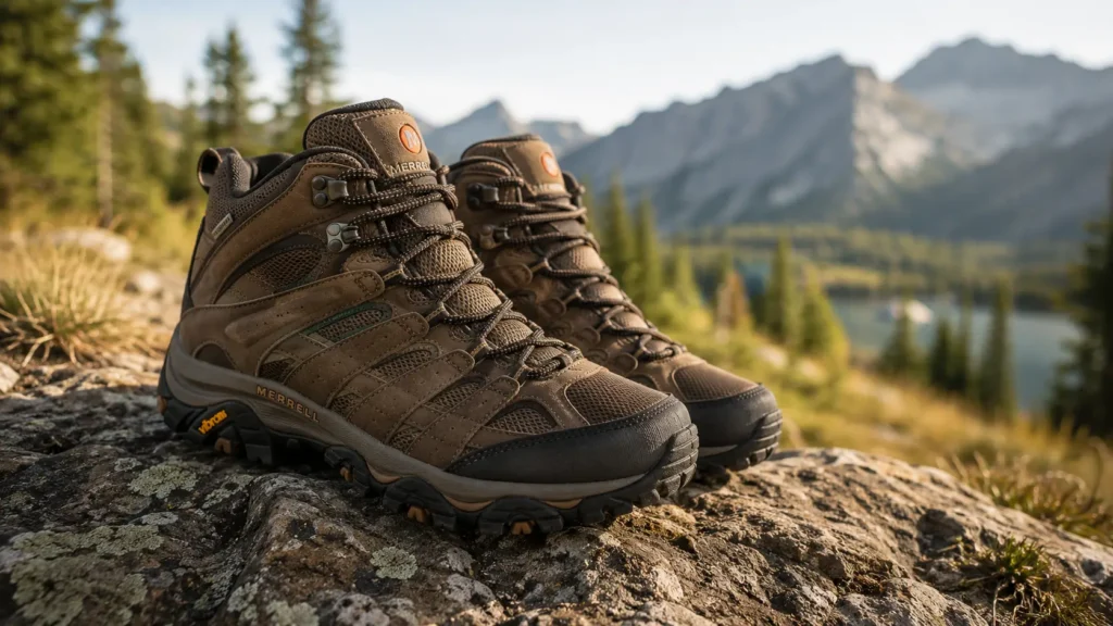 Merrell Moab 3 Mid waterproof women's hiking boots on a trail surface