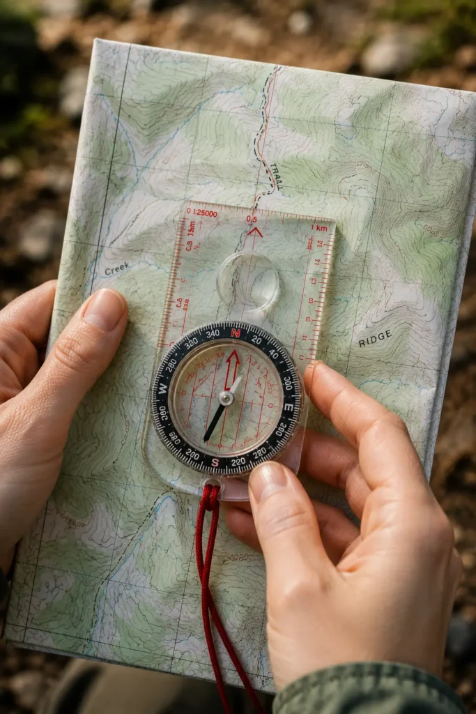 How to Read a Trail Map and Use a Compass: A Beginner Woman's Guide to Never Getting Lost Close-up of hands orienting a compass on a trail map