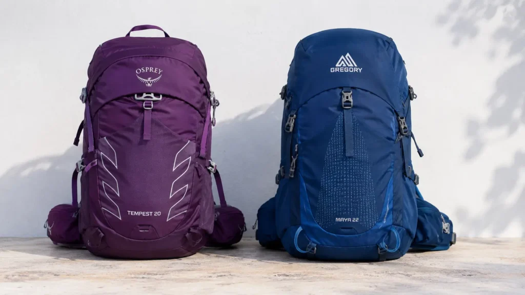 Osprey Tempest 20 and Gregory Maya 22 hiking daypacks side by side on a wooden surface