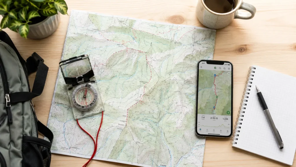 How to Read a Trail Map and Use a Compass: A Beginner Woman's Guide to Never Getting Lost Flat lay of trail map, compass, phone and notebook prepared before a hike