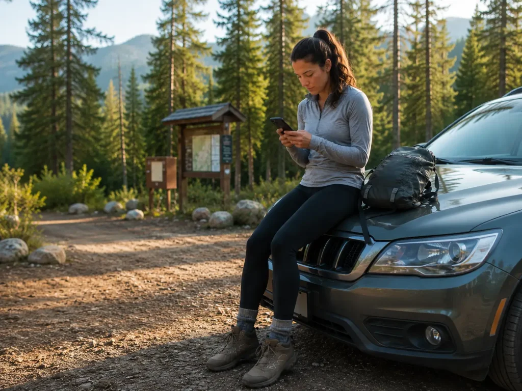 Woman reading recent AllTrails reviews on her phone to check current trail conditions
