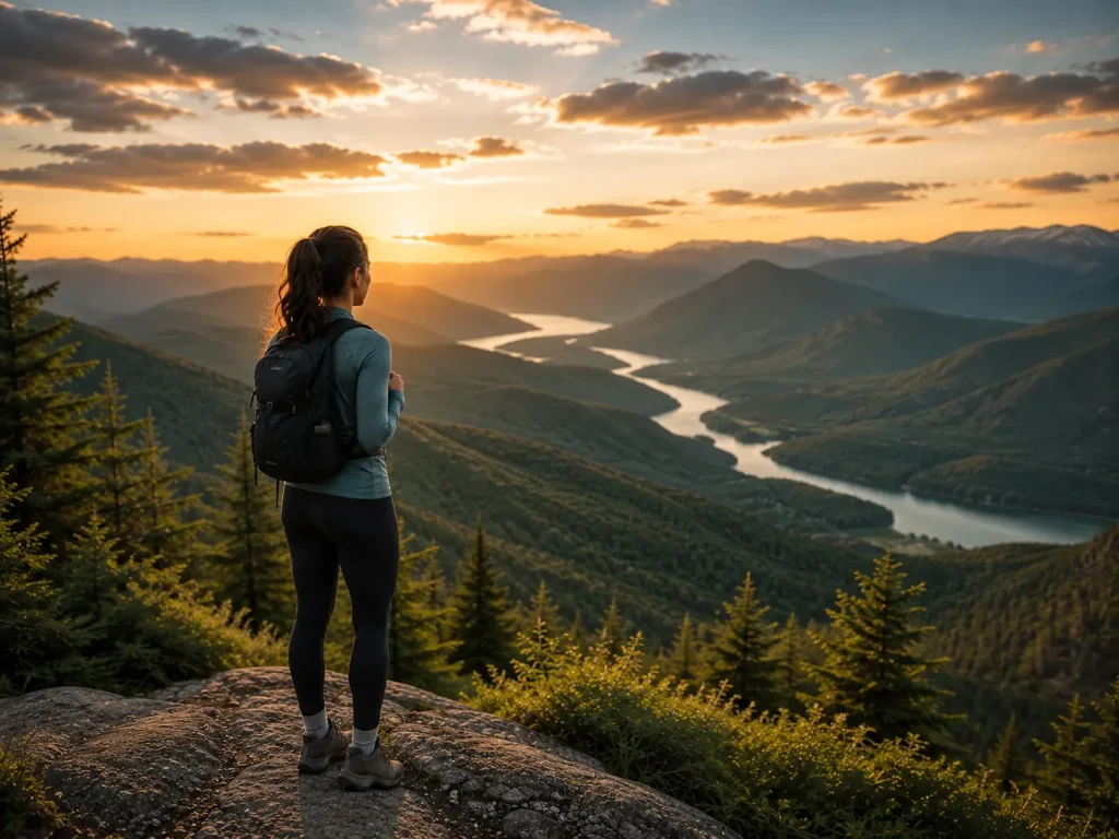 Woman standing alone at a mountain summit with a sweeping valley view behind her