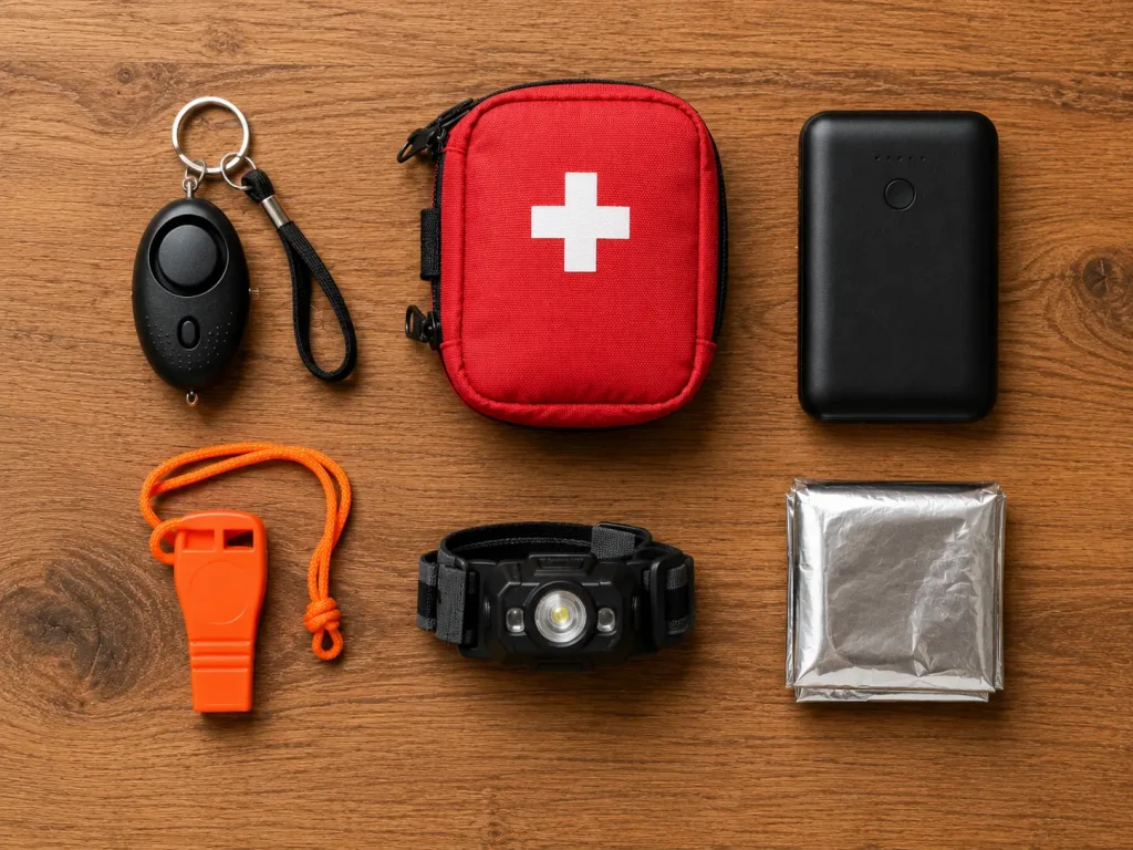 Solo hiking safety kit flat lay including personal alarm, whistle, first aid kit and power bank