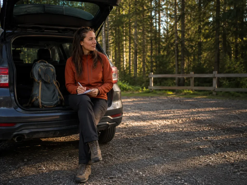 Woman sending a message on her phone at a trailhead before hiking alone