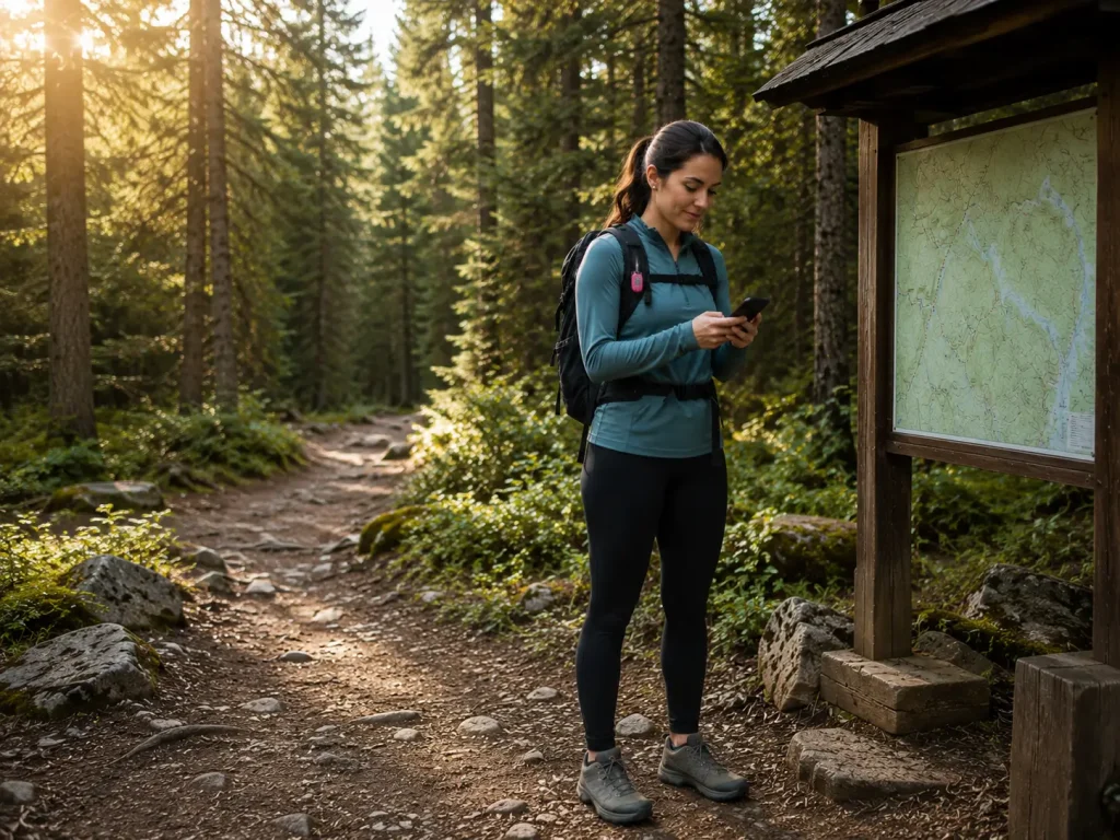 Woman checking trail map on phone at a forest trailhead before solo hike