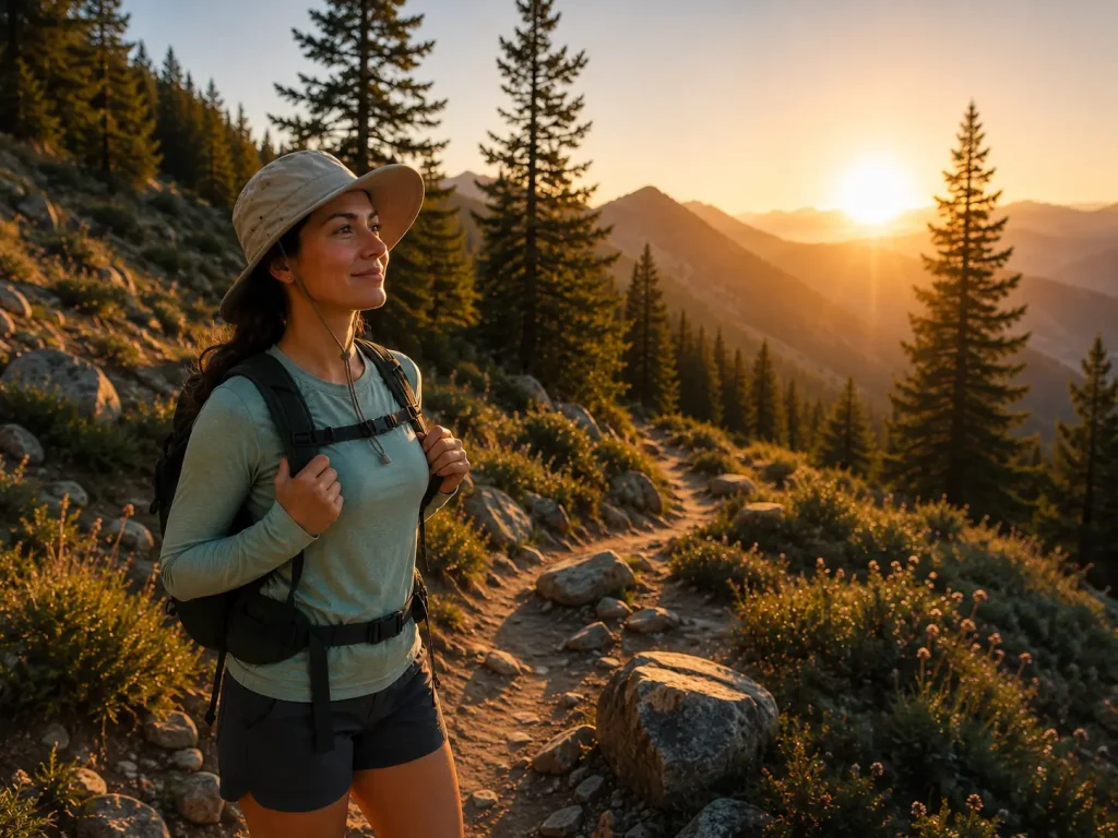 Woman starting a summer hike at sunrise with golden early morning light on the trail
