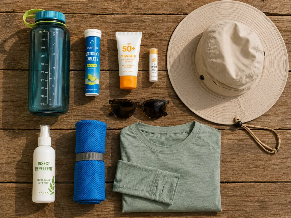 Women's summer hiking kit flat lay showing extra water, sunscreen, hat, electrolytes and UPF clothing