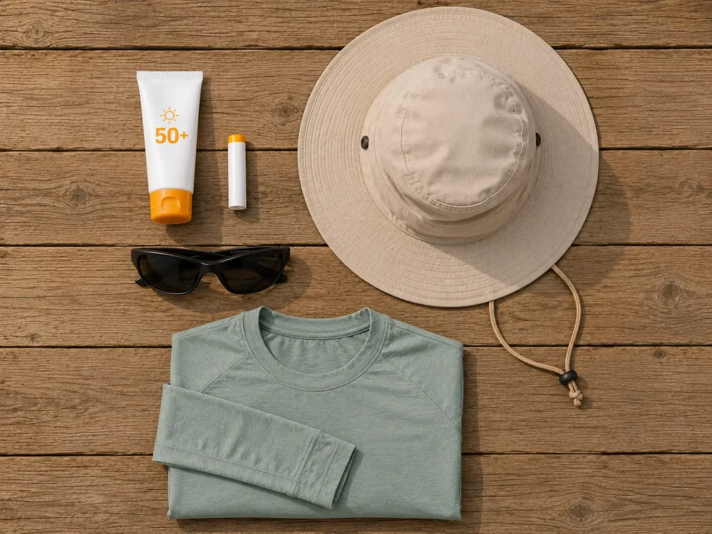 Summer hiking sun protection kit flat lay with SPF 50 sunscreen, UPF shirt, wide-brim hat and sunglasses