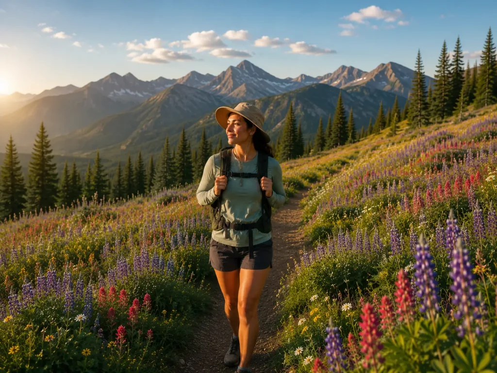 Woman hiking through a stunning summer wildflower meadow with mountains behind her