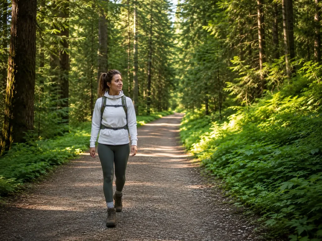 Woman on easy flat forest trail showing what an easy difficulty rating looks like