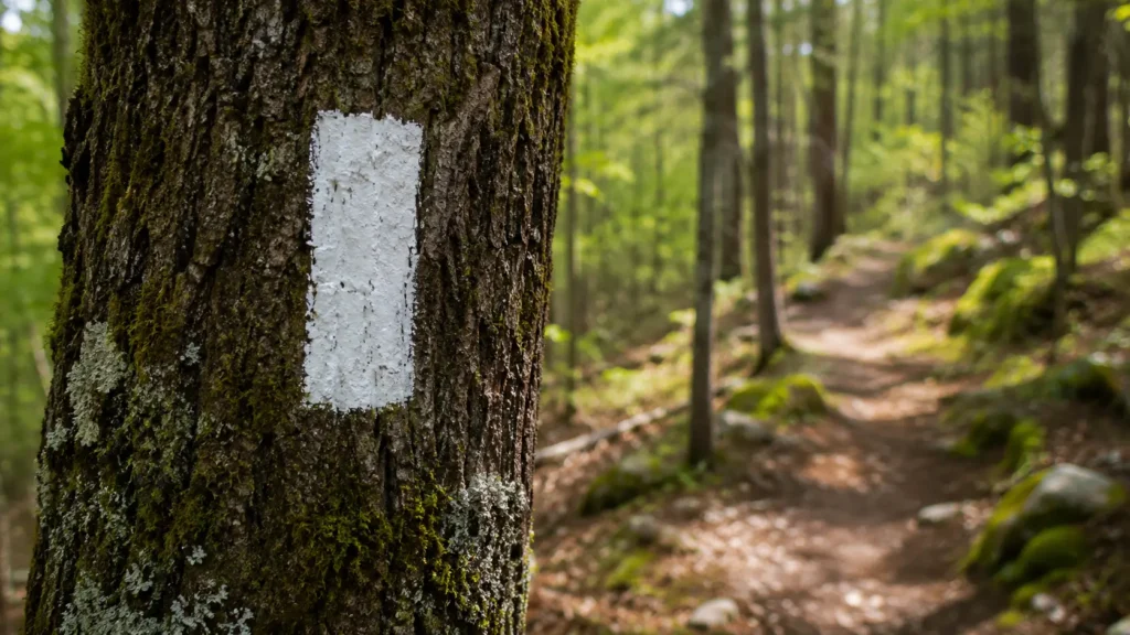 How to Read a Trail Map and Use a Compass: A Beginner Woman's Guide to Never Getting Lost Trail blaze marker painted on a tree trunk along a hiking trail