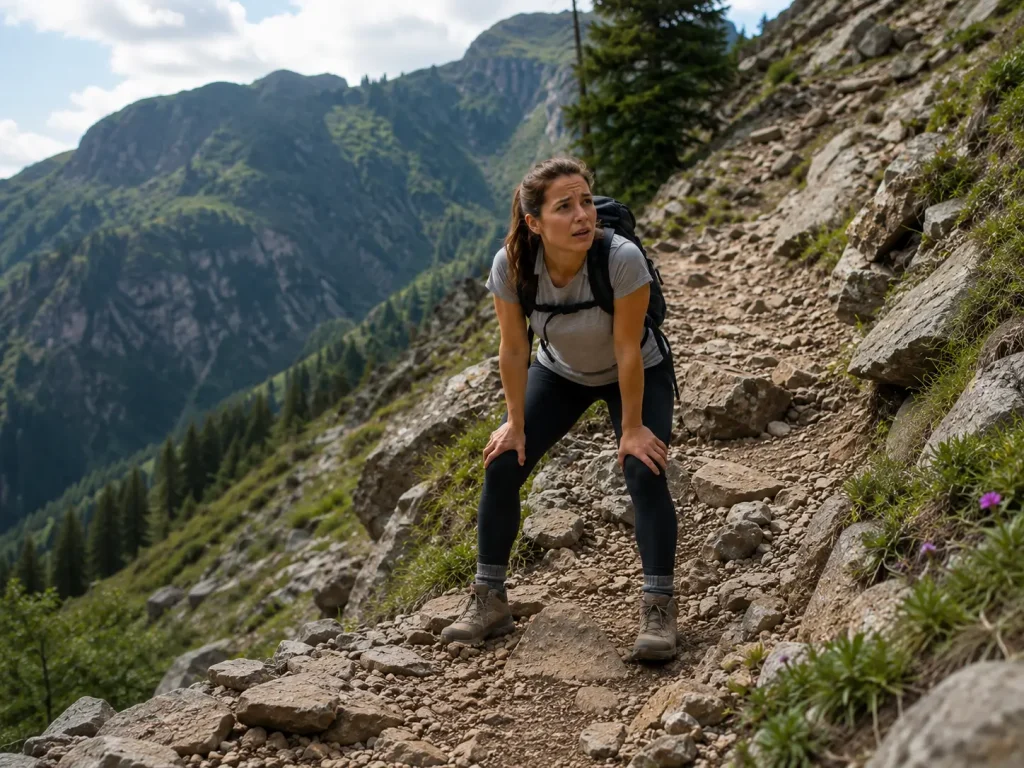 Woman on a trail that is clearly too hard for a beginner, looking tired and uncertain