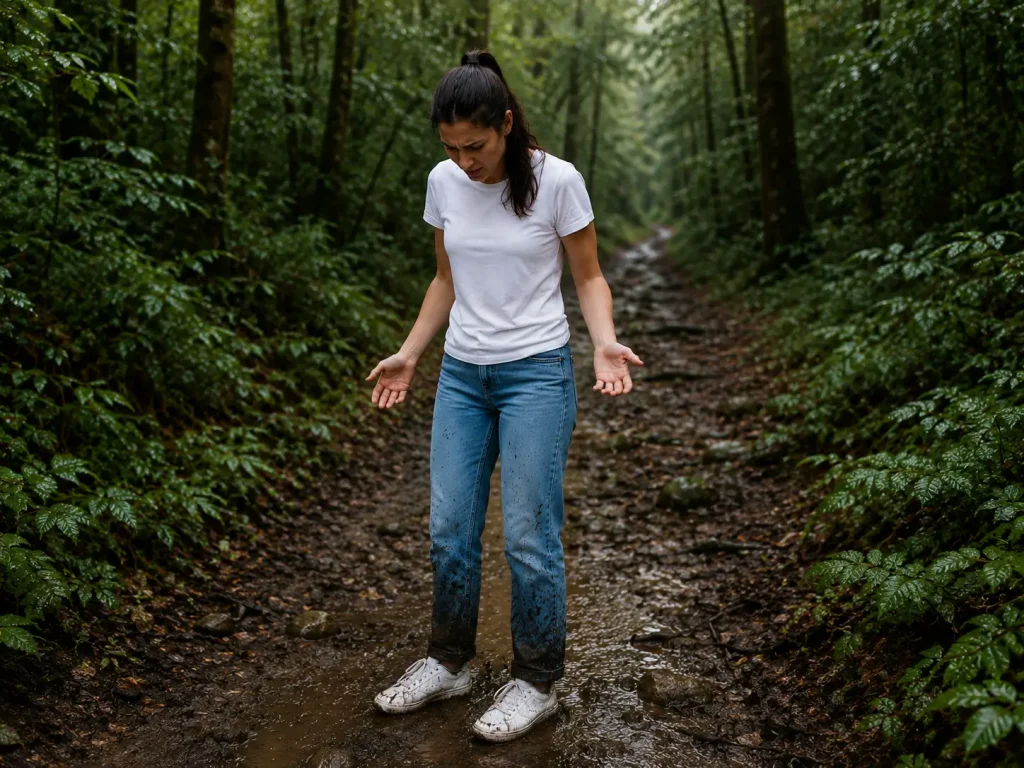 Woman in inappropriate hiking clothing on a trail looking uncomfortable